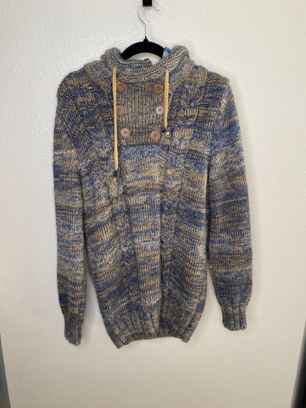 Leif Nelson Mens Knitted Hooded Sweater Blue XL Buttoned Collar Warm Pullover